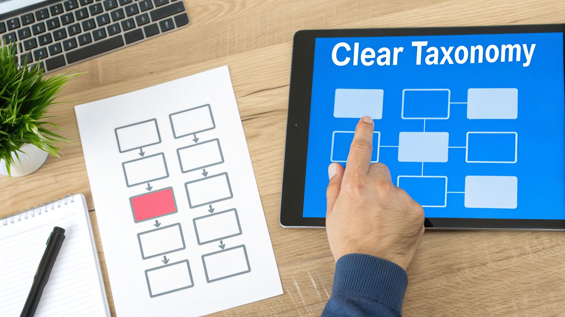 A person's hand interacts with a digital taxonomy diagram on a tablet, next to a physical flowchart.