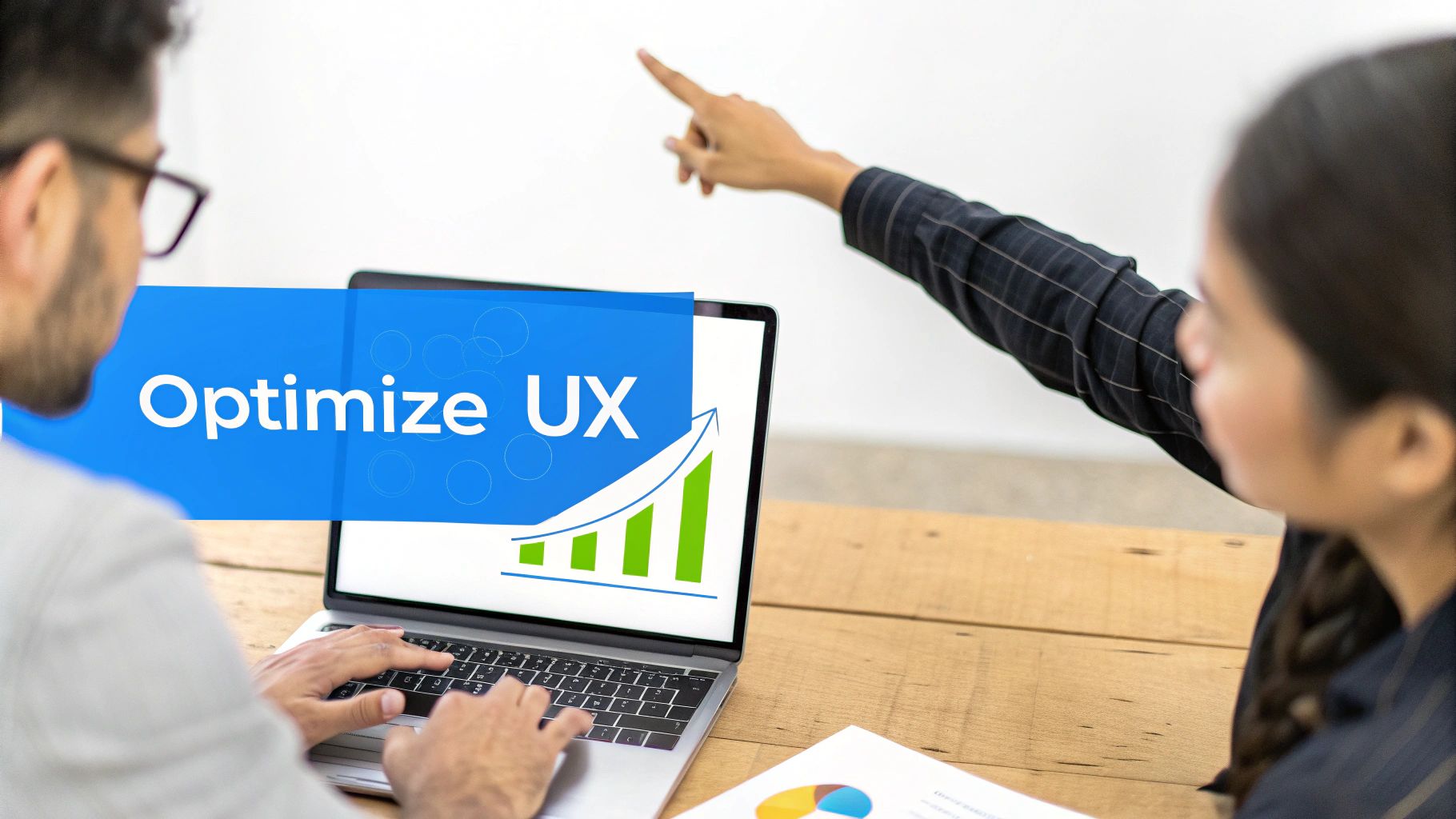 Two people collaborating on UX optimization, with a laptop showing a growth chart and the text "Optimize UX".