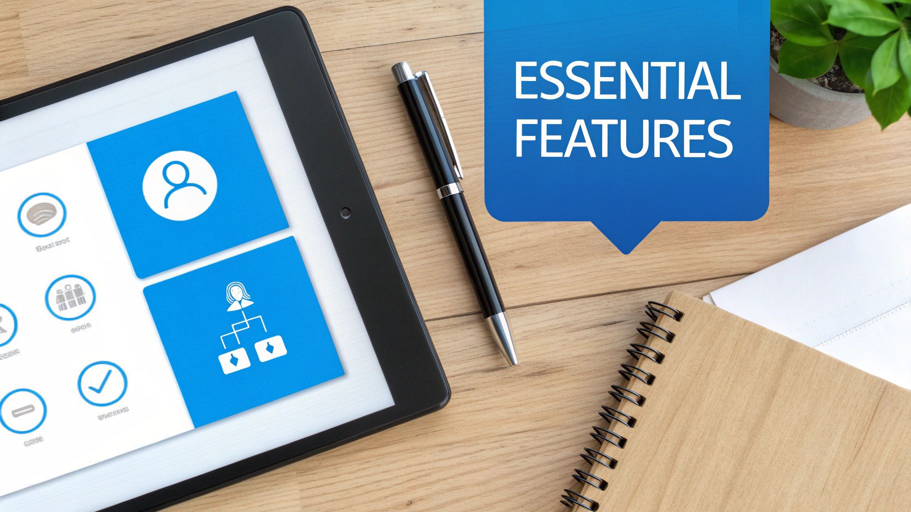 Overhead shot of a tablet displaying volunteer management software, pen, notebook, and plant on a wooden desk.