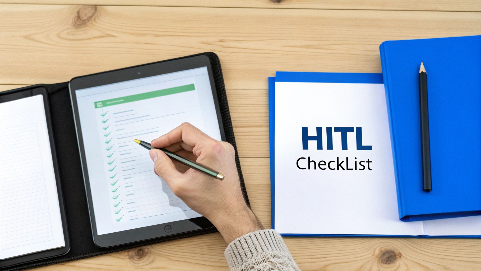 A person's hand uses a stylus on a tablet showing a digital checklist, next to a 'HITL CheckList' document.