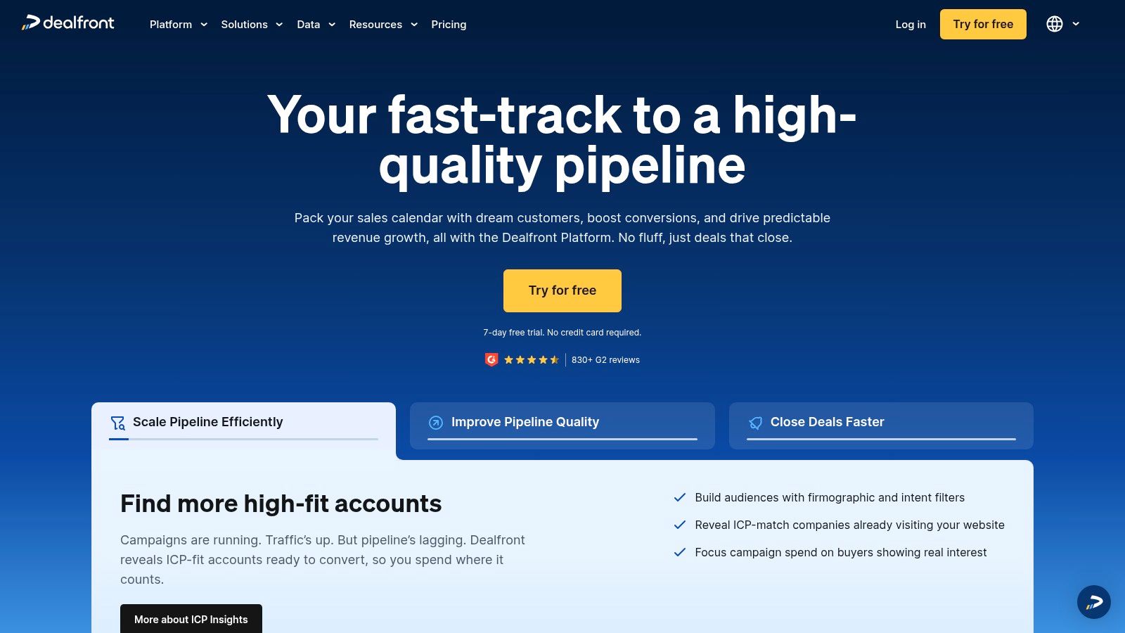 A dashboard in Dealfront showing a list of identified companies that have visited a website, along with details like their industry, location, and recent activity.