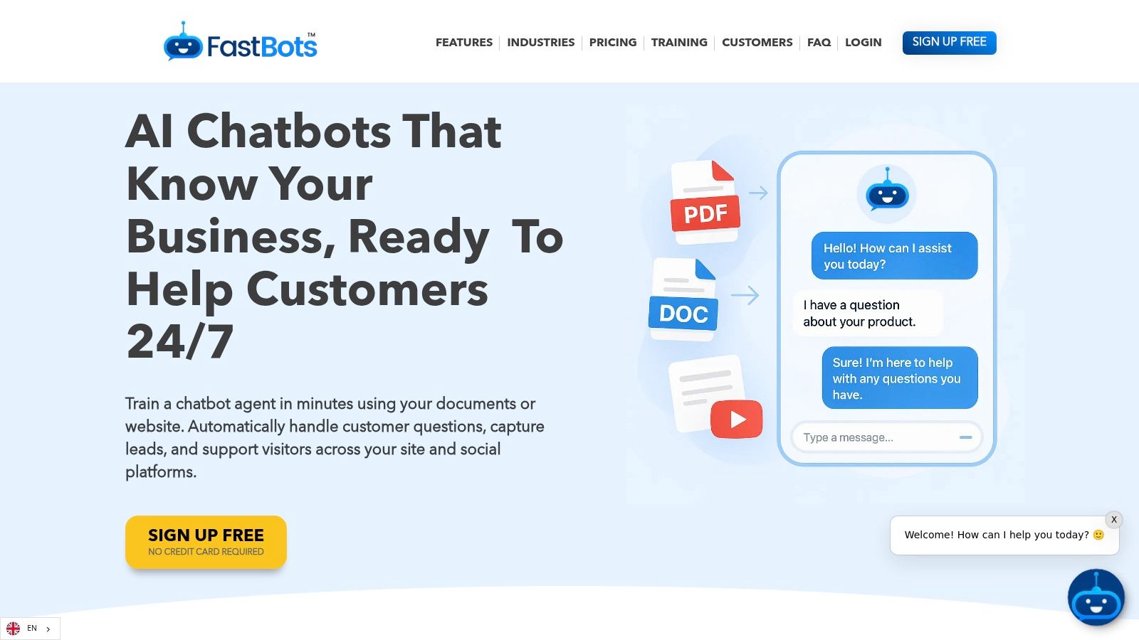 An AI chatbot builder interface showing how to train a chatbot using website links and other data sources.