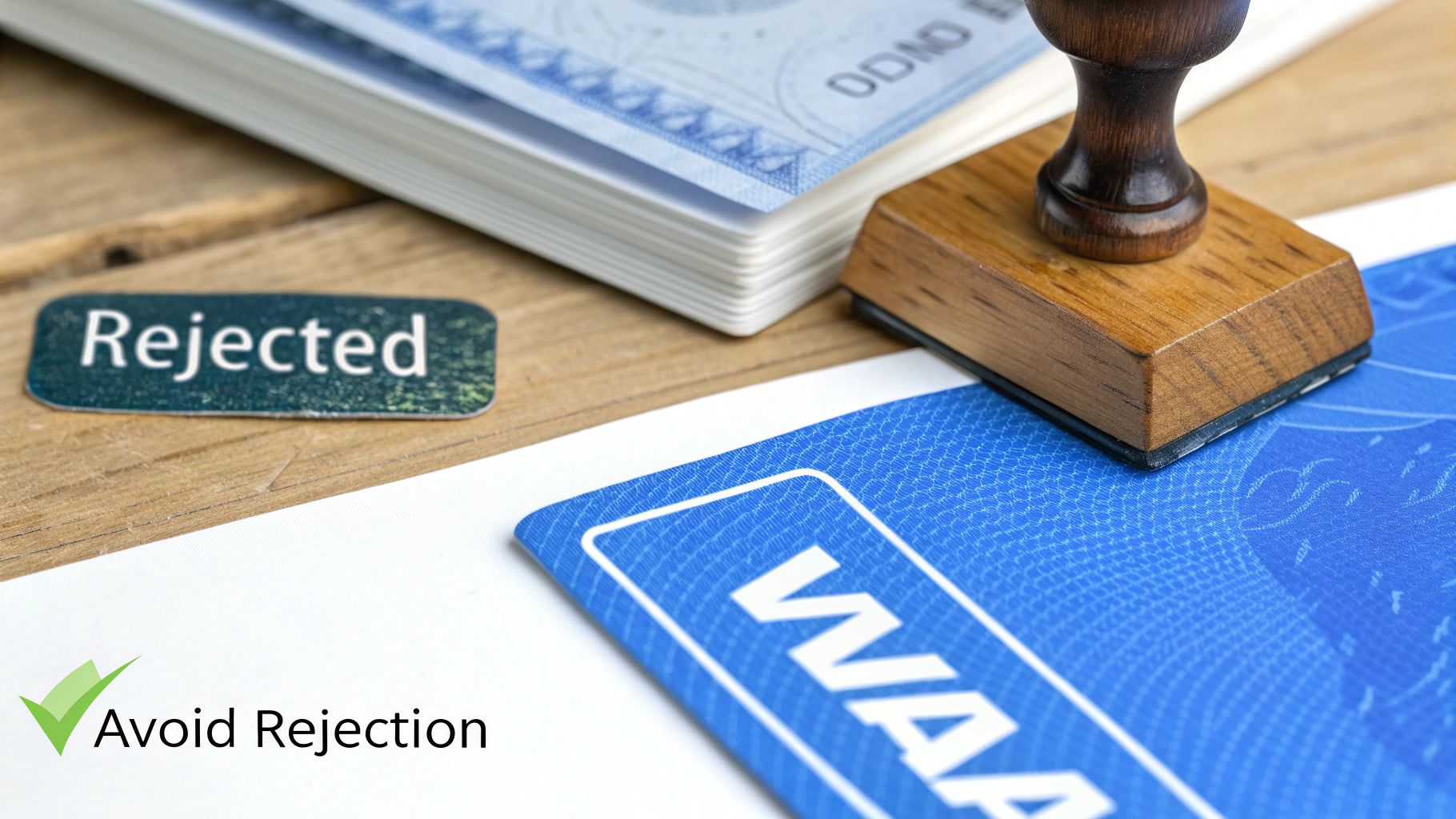 A red 'REJECTED' stamp on a visa application form.