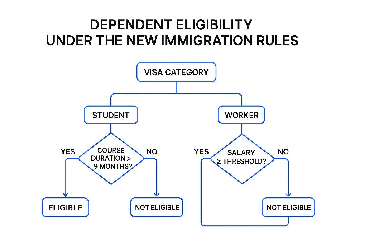 Infographic showing a decision tree for families of UK students and workers under the new immigration rules
