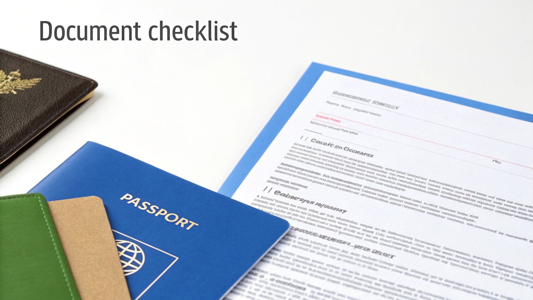 A close-up of a blue passport, green and tan document holders, and a 'Document checklist' on a white desk.