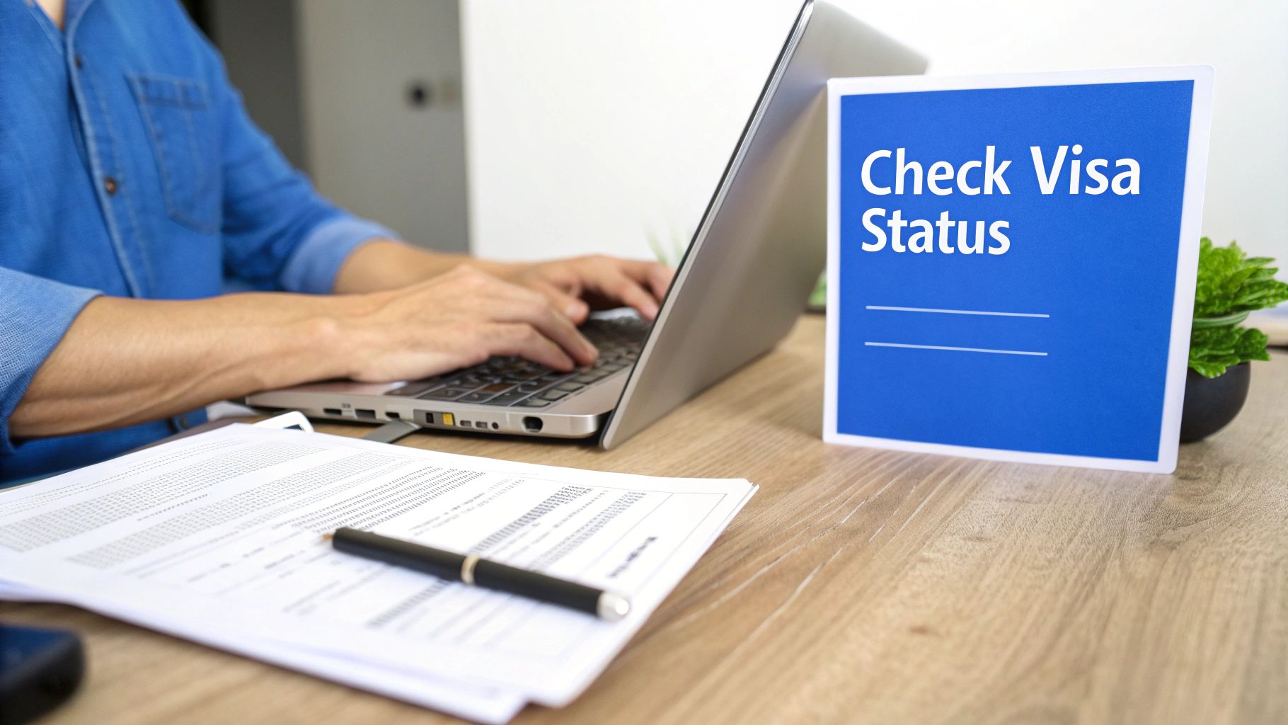 A person tracking their visa application on a laptop.