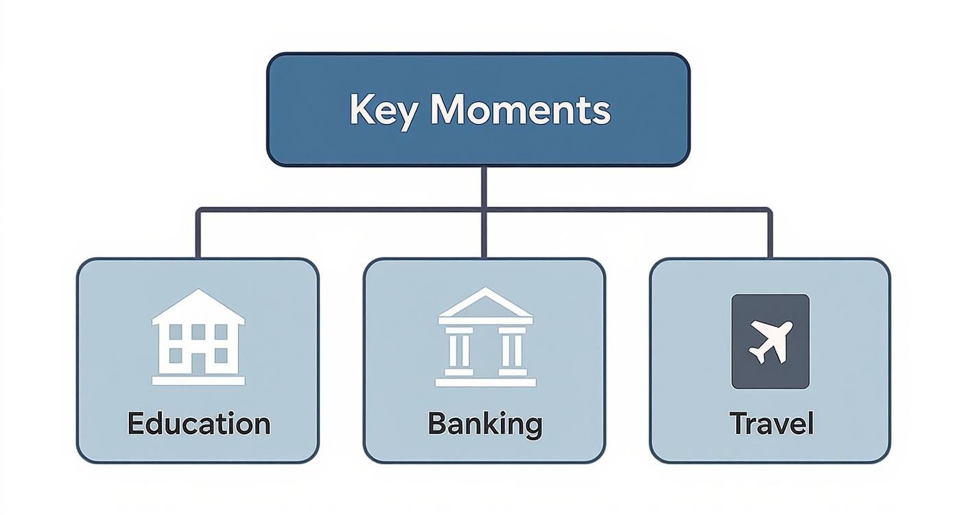 This infographic shows a hierarchy of common life events that require attestation letters, including education, banking, and travel.