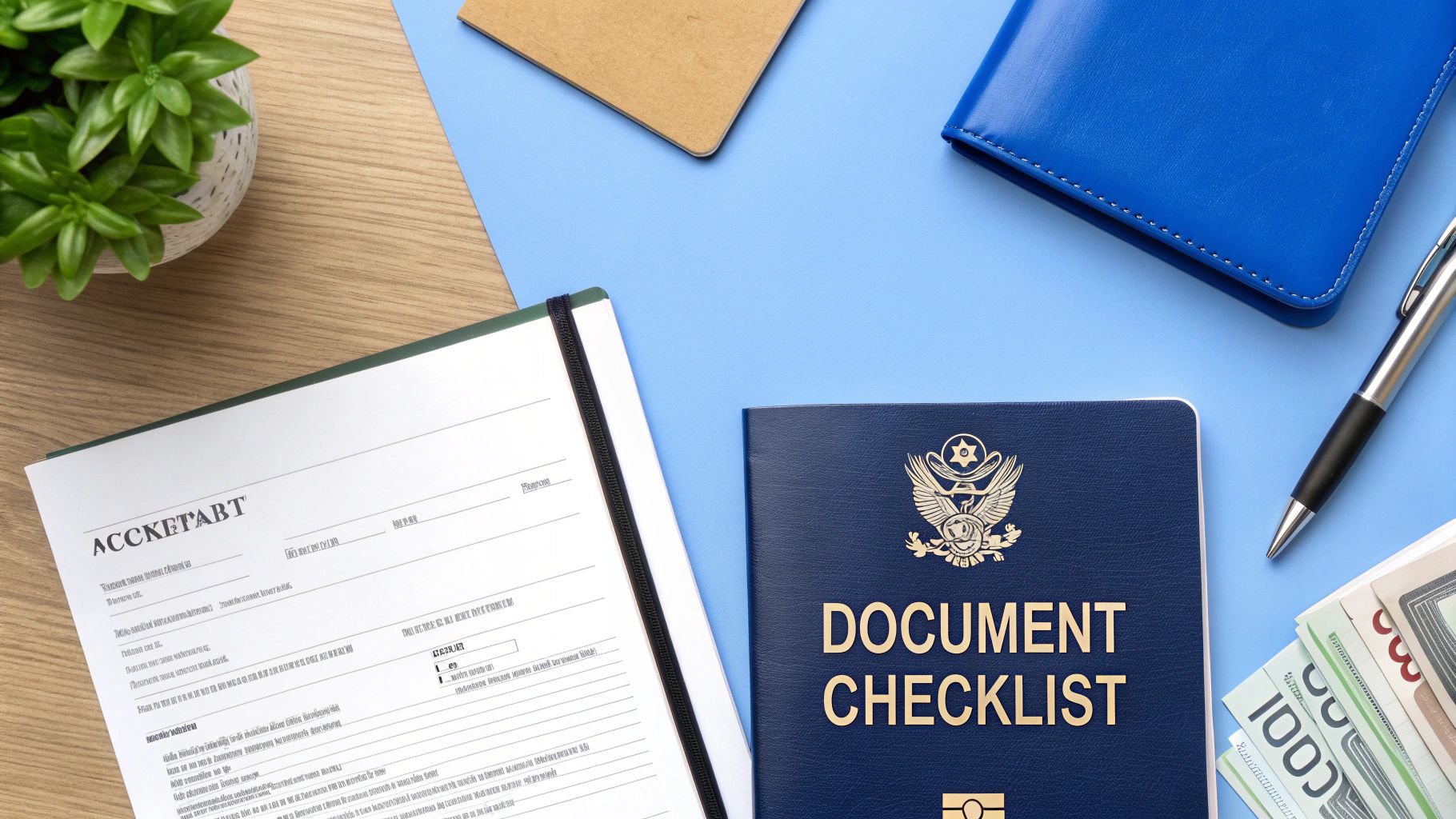 Document checklist booklet with passport application form, cash, and pen on desk