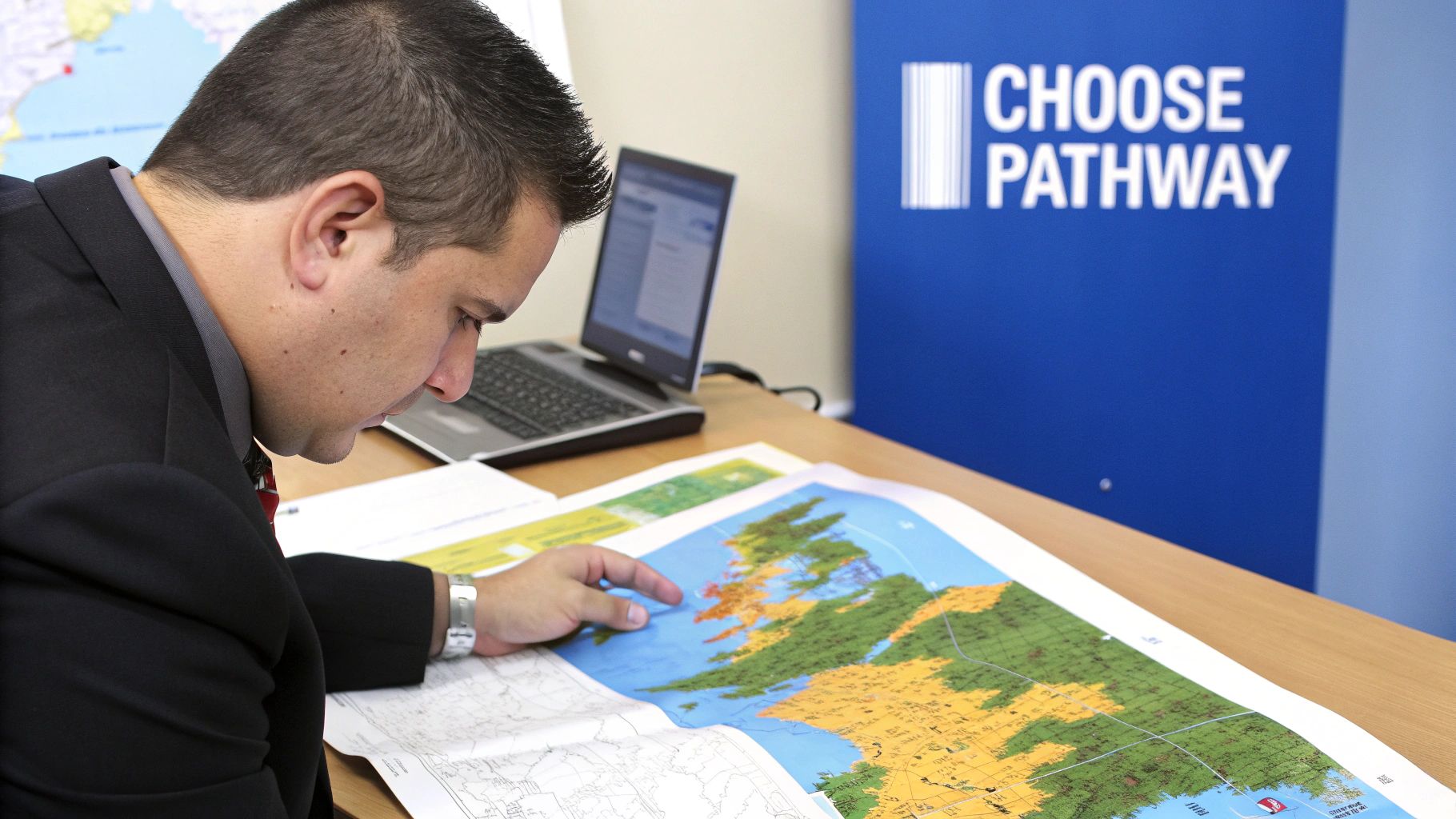 A compass pointing towards a maple leaf, symbolizing the choice of immigration pathways to Canada.