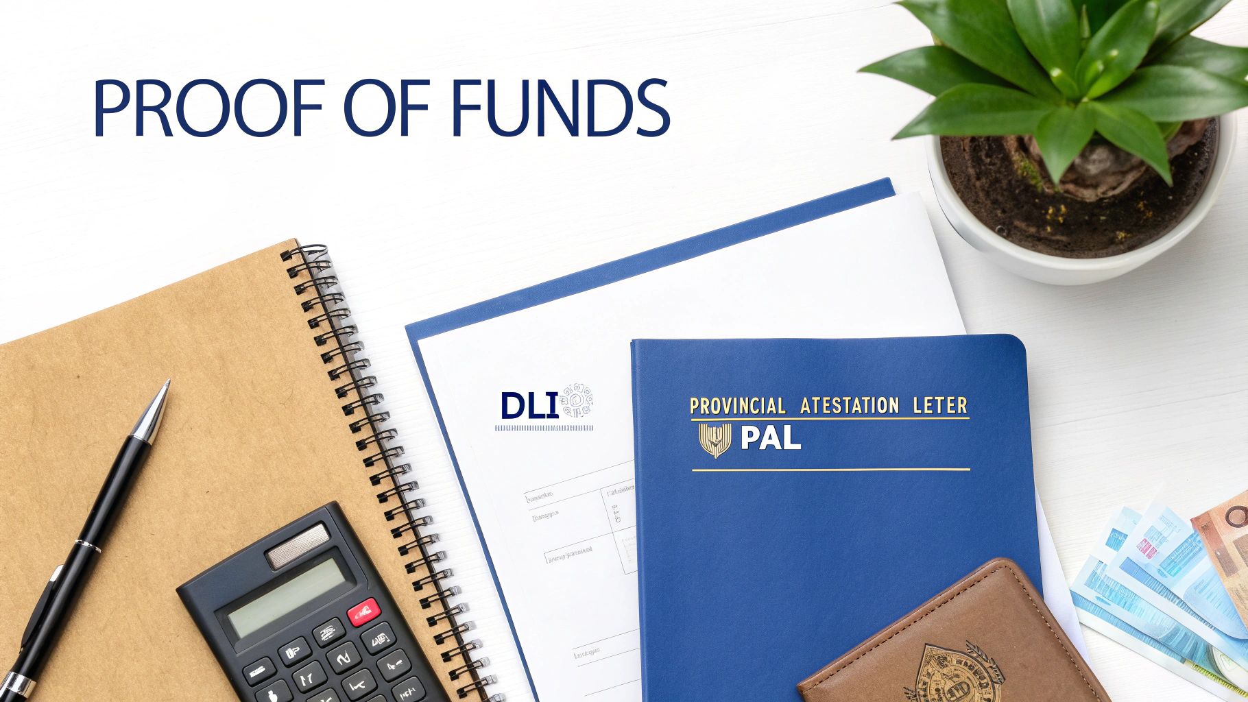 Overhead shot of documents for Canadian student visa, including proof of funds and provincial attestation letter.