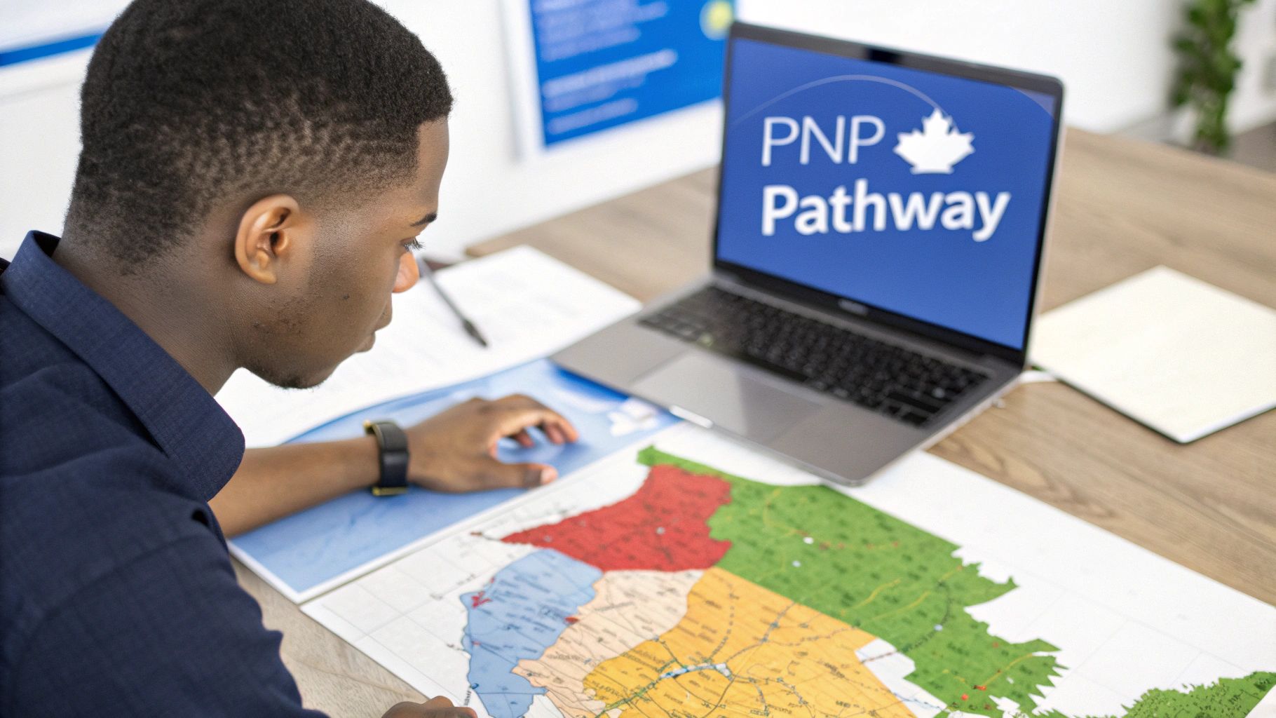 A person intently studies a map of Canada, with a laptop displaying "PNP Pathway" in the background.