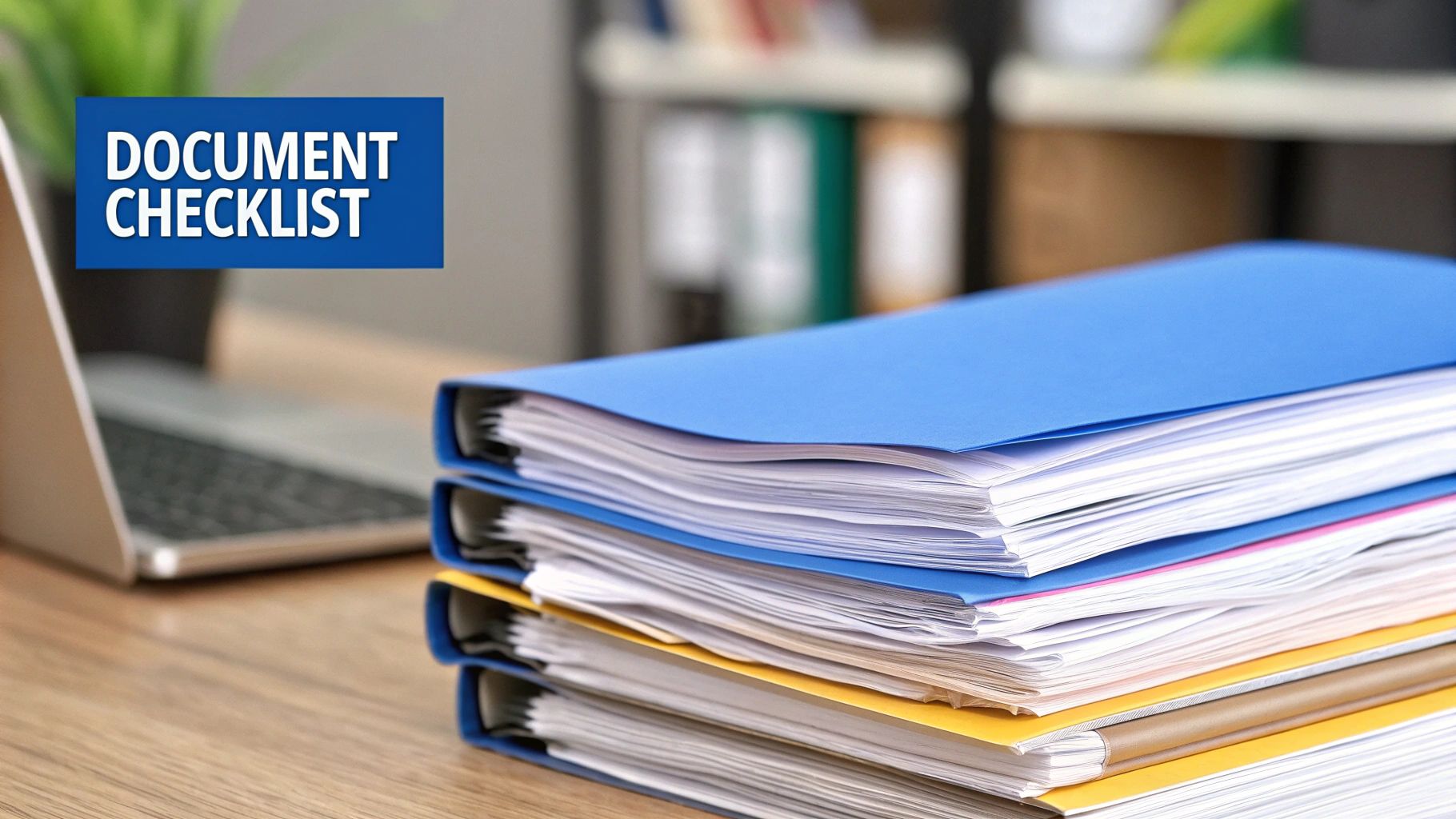 A person's hands organizing a pile of important documents, including passports and certificates, on a wooden desk.