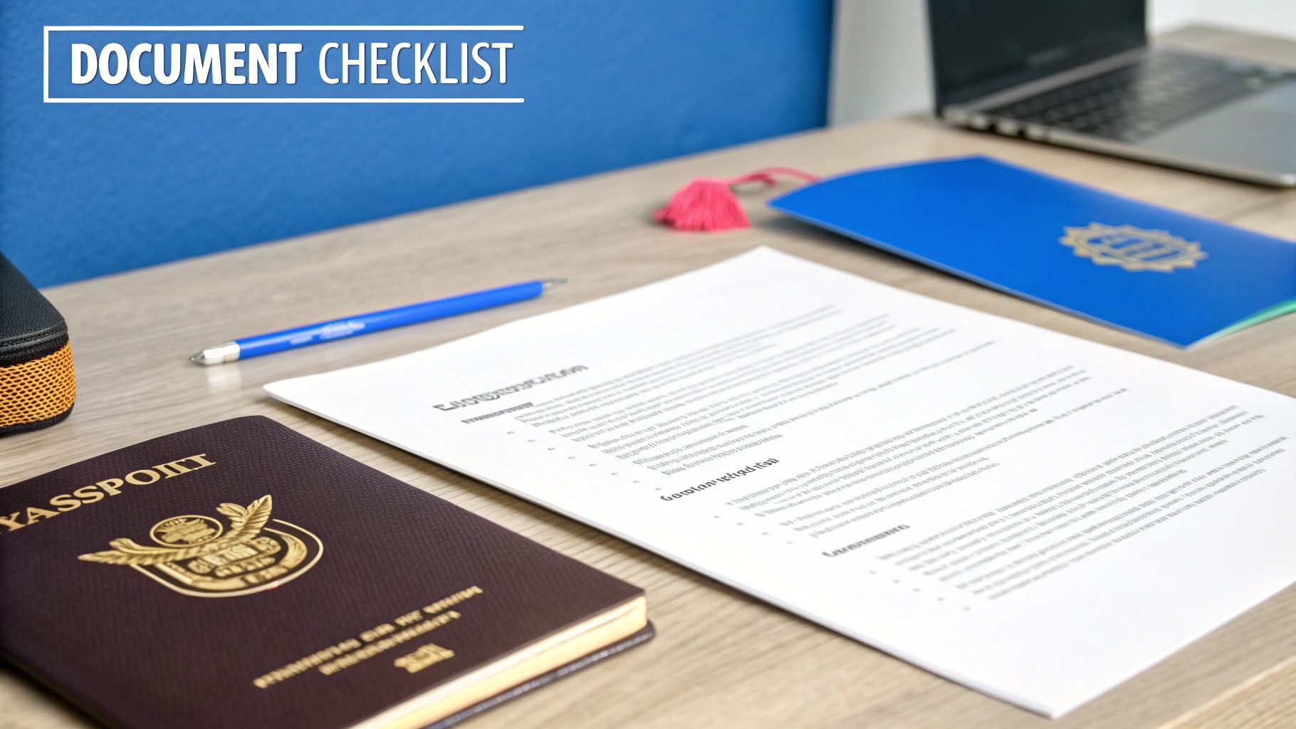 A wooden desk with a passport, pen, documents, and a blue folder, labeled 'DOCUMENT CHECKLIST'.