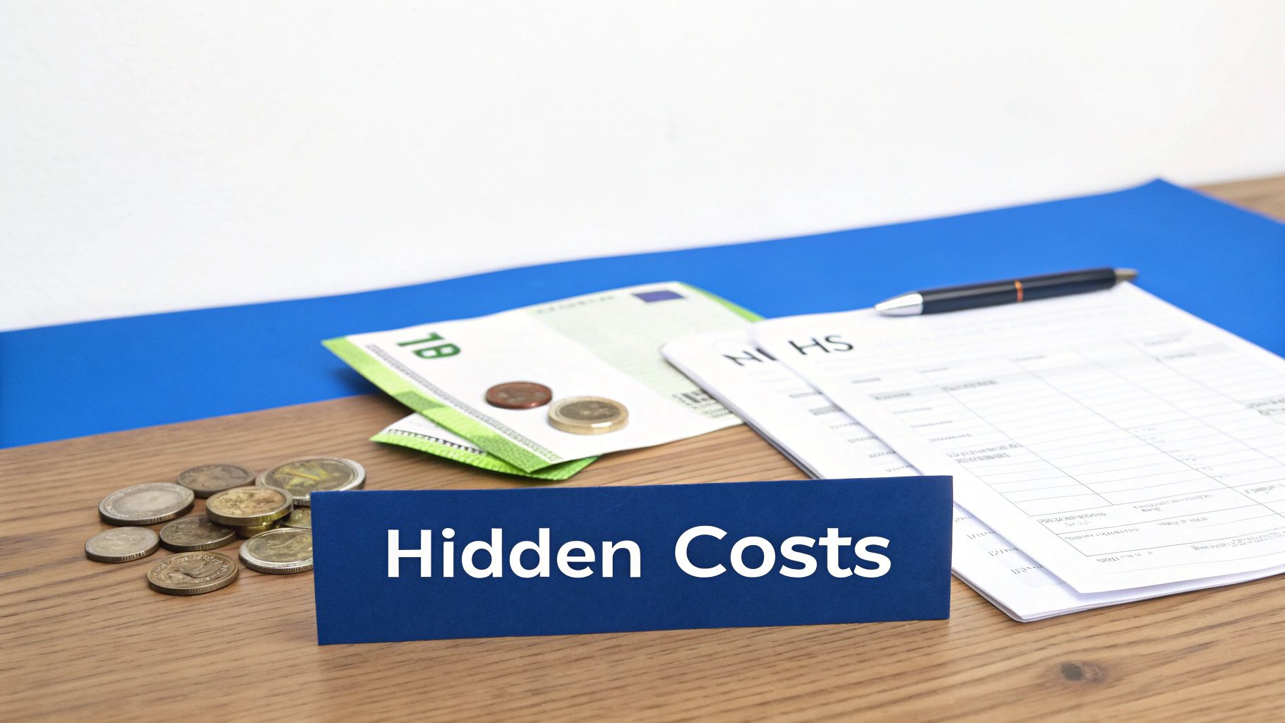 A magnifying glass hovering over a UK visa application form, highlighting extra costs like health surcharges and biometric fees.