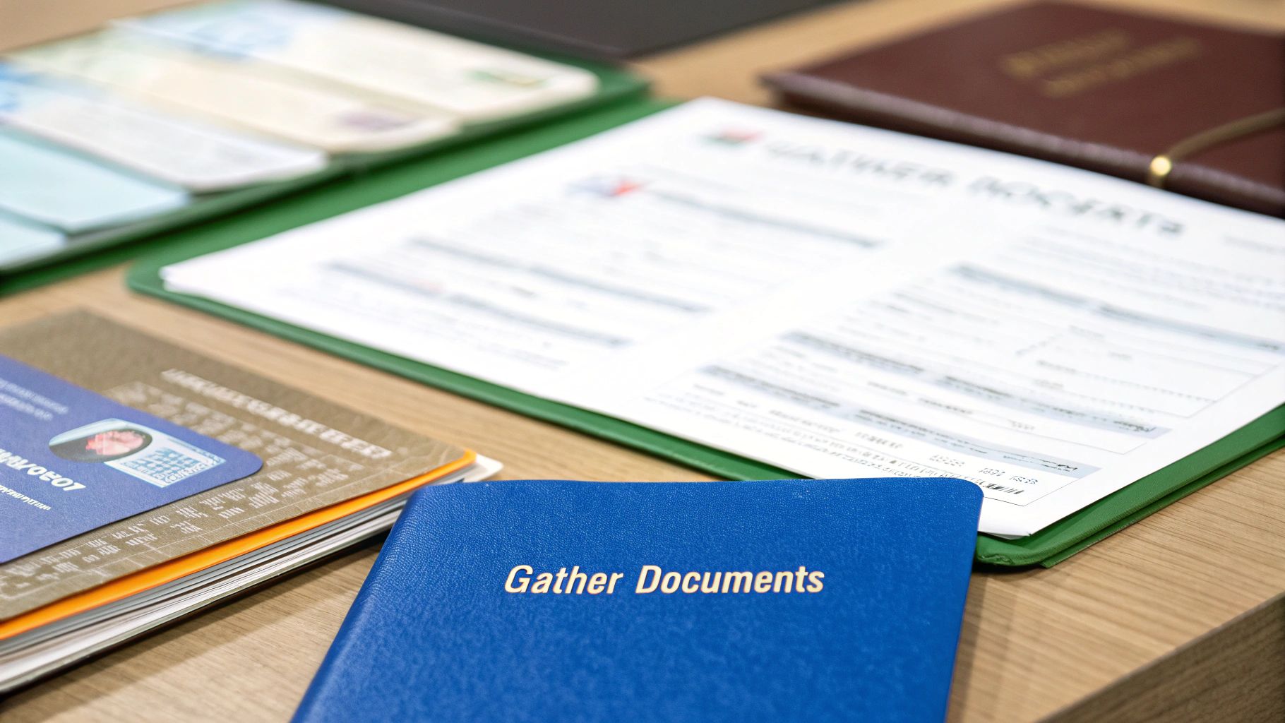 A person organizing travel documents on a wooden table.