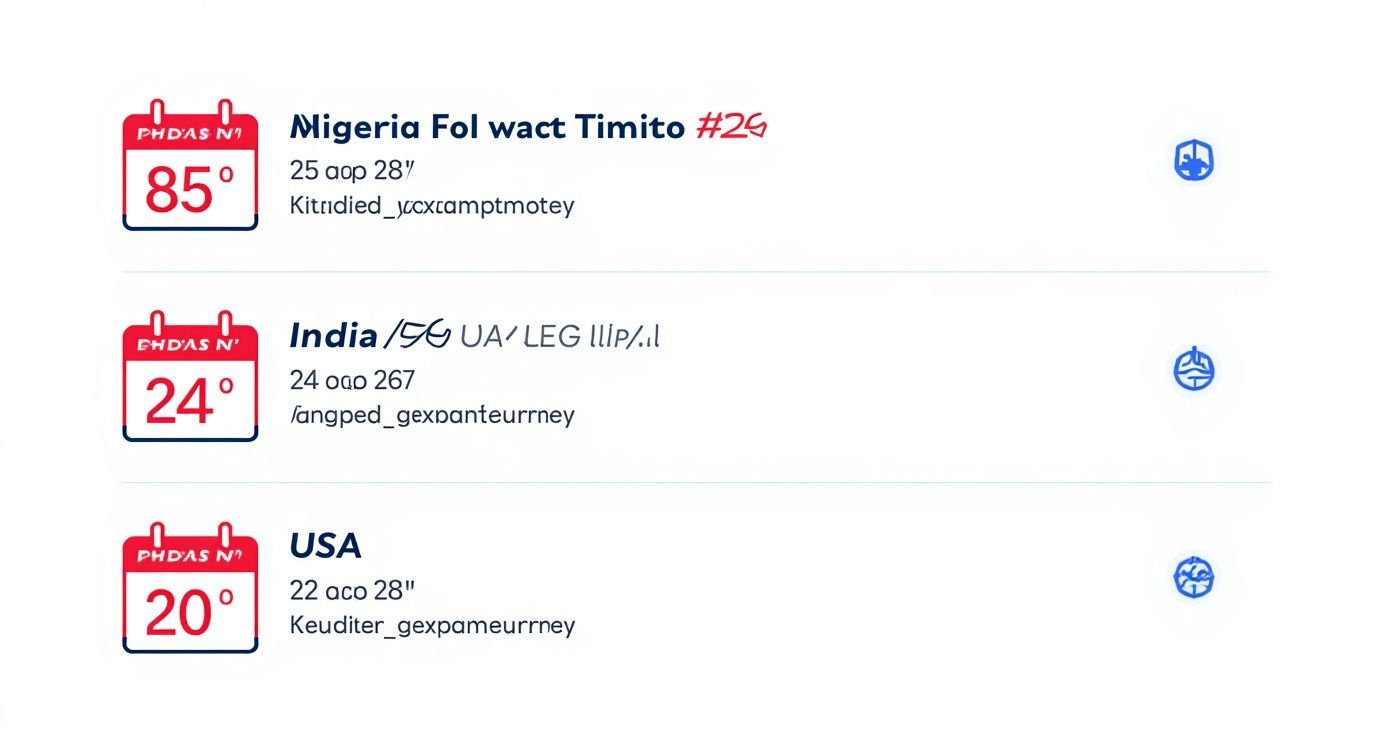 Infographic comparing Canada visitor visa processing times for Nigeria, India, and the USA.