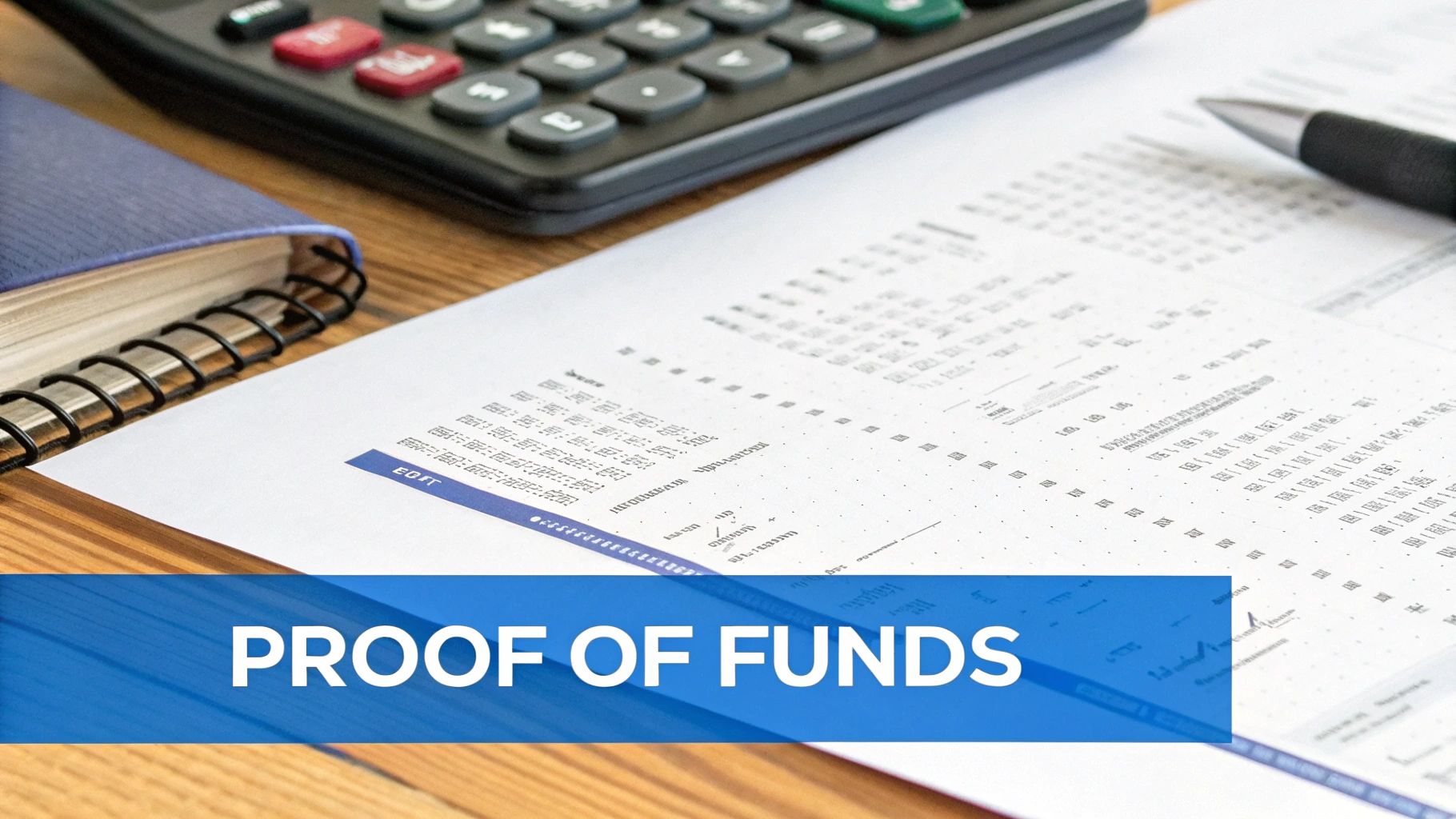 A person sitting at a desk, reviewing bank statements and financial documents with a calculator.