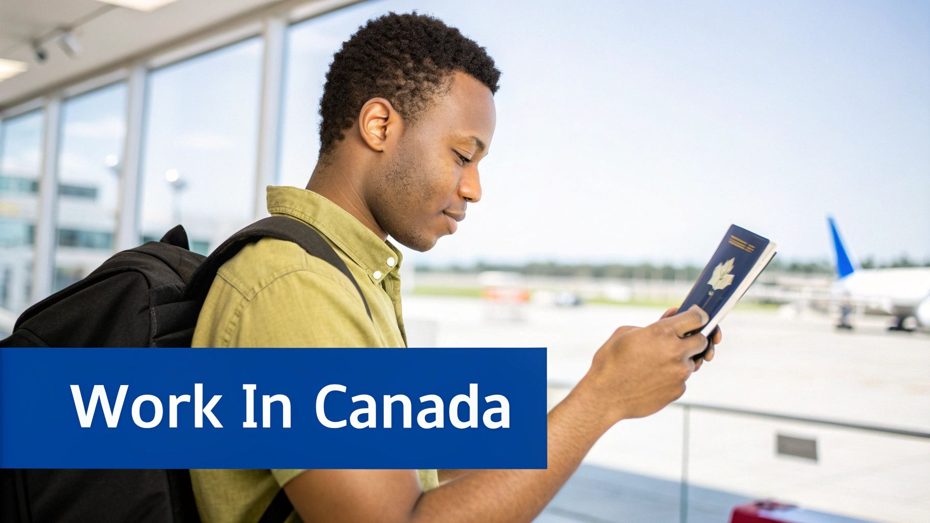 A person sitting at a desk and reviewing documents with a laptop and a Canadian flag in the background, symbolising the process of applying for a Canadian work permit.