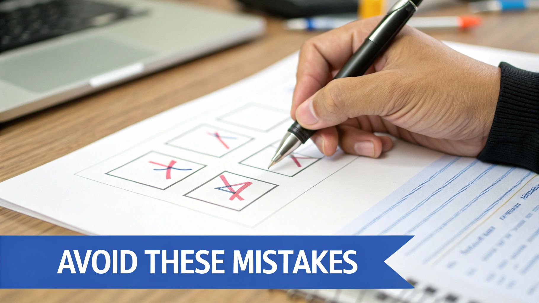 A red warning sign with an exclamation mark, symbolizing mistakes to avoid in a visa application.