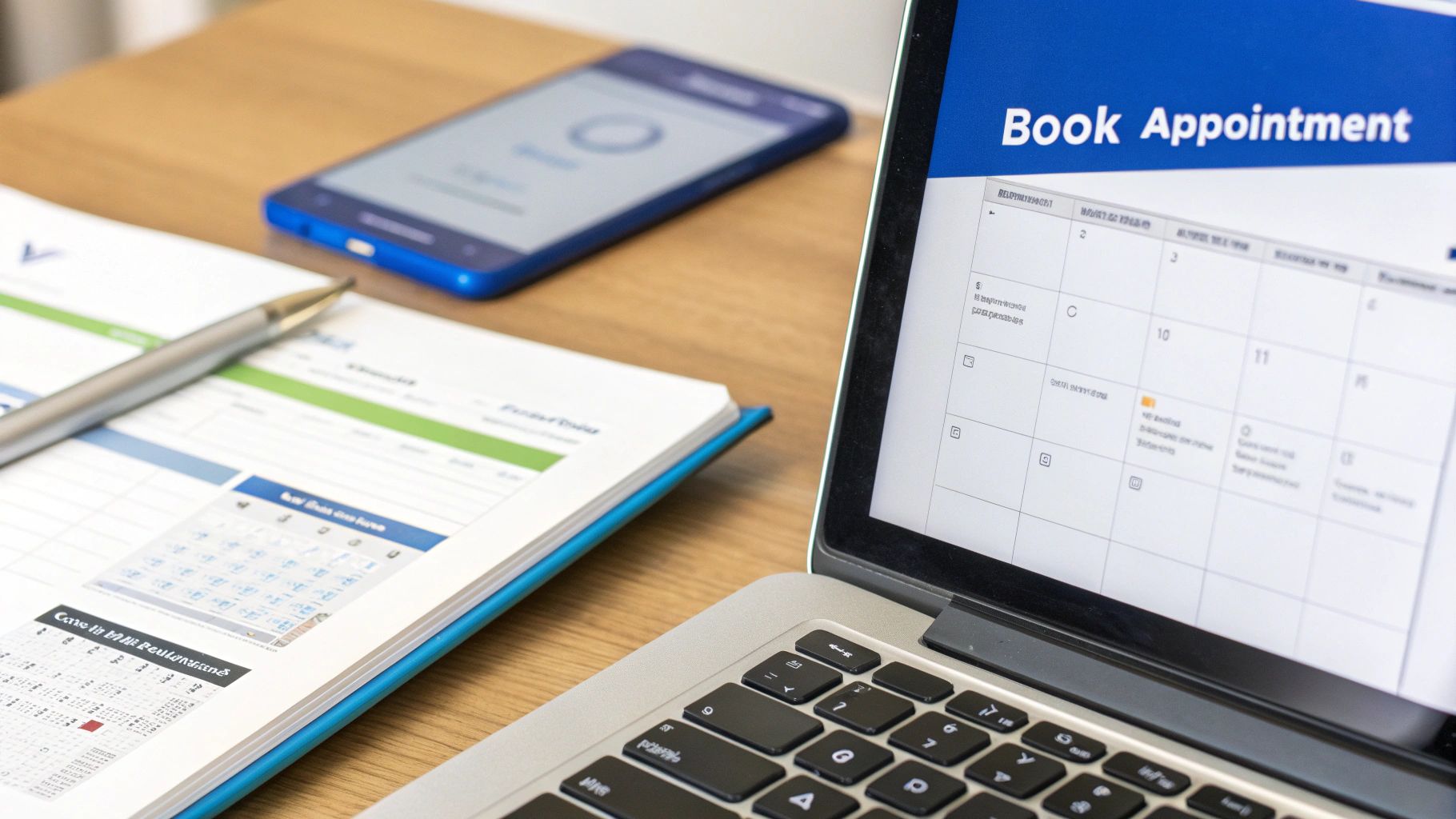Laptop displaying online appointment booking calendar system with paperwork and smartphone on desk