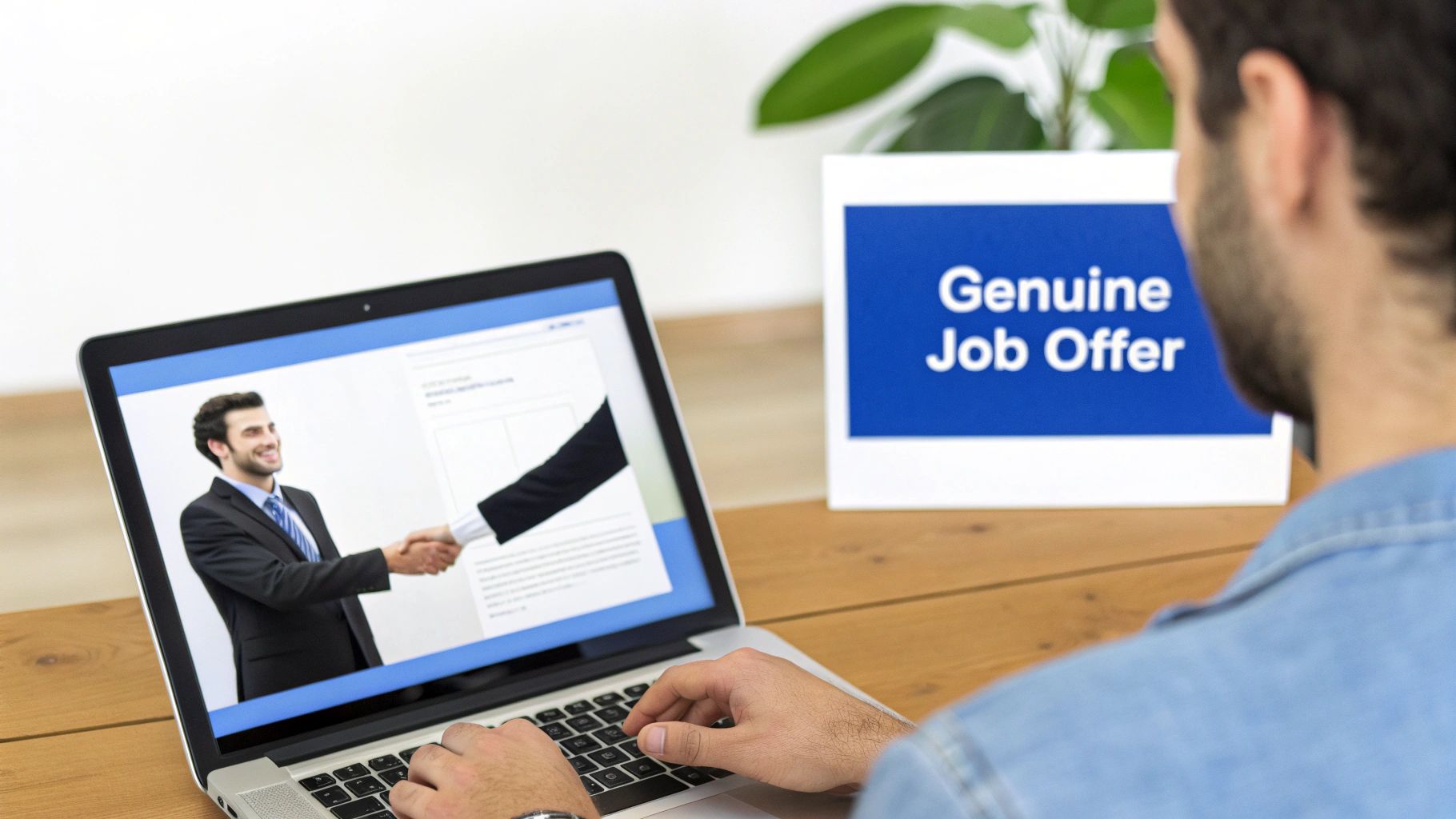 A person at a desk, looking at a Canadian job offer on a laptop screen.