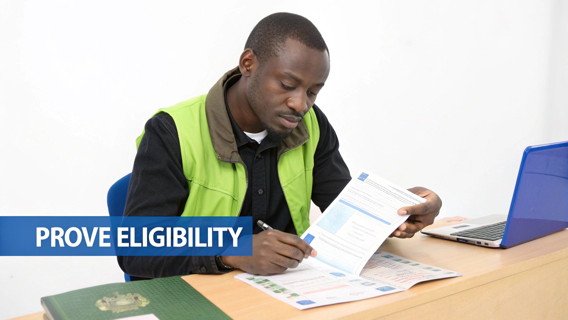 A person organizing documents for a visa application.