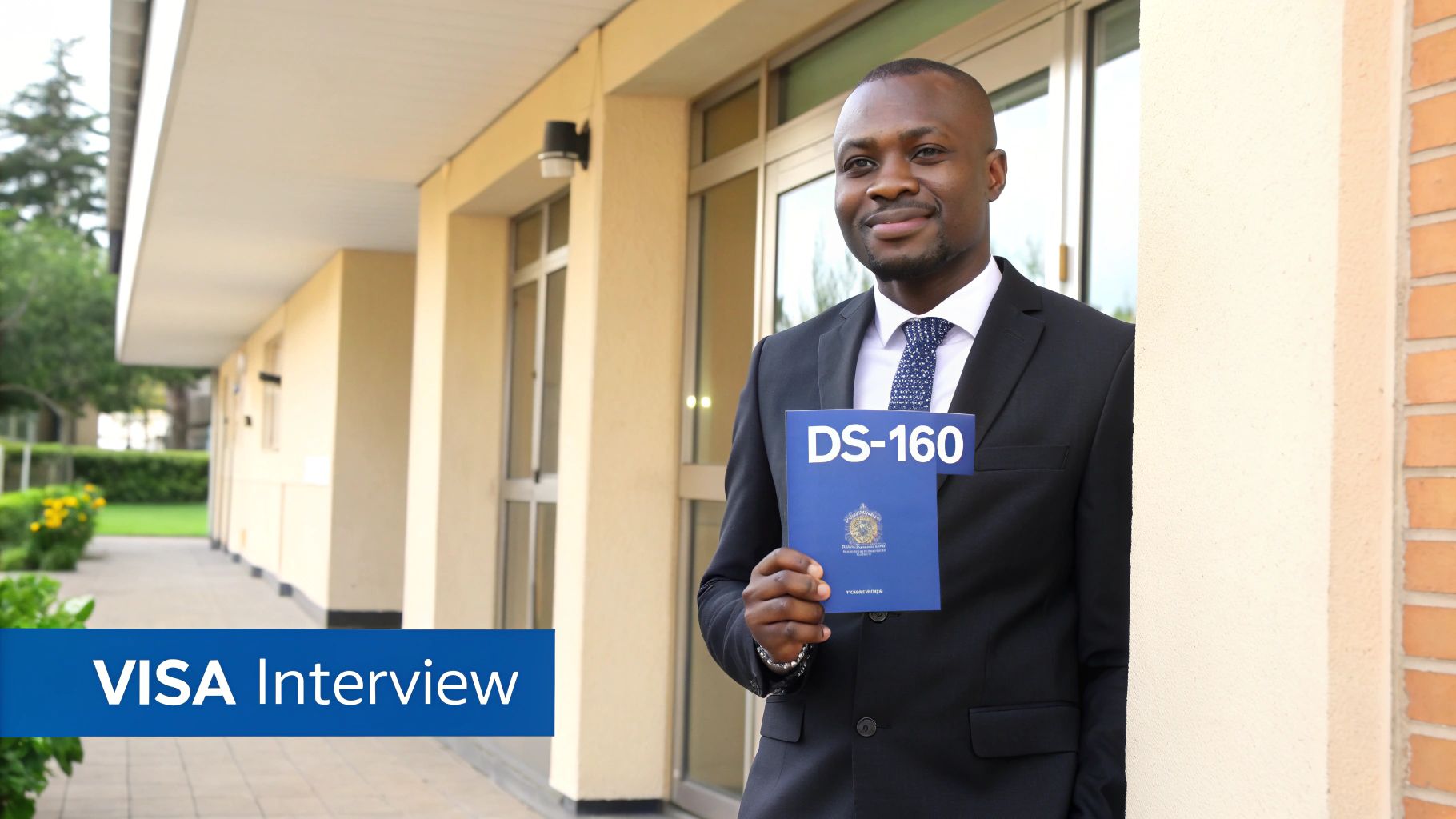 A confident applicant sits across from a consular officer during a visa interview.