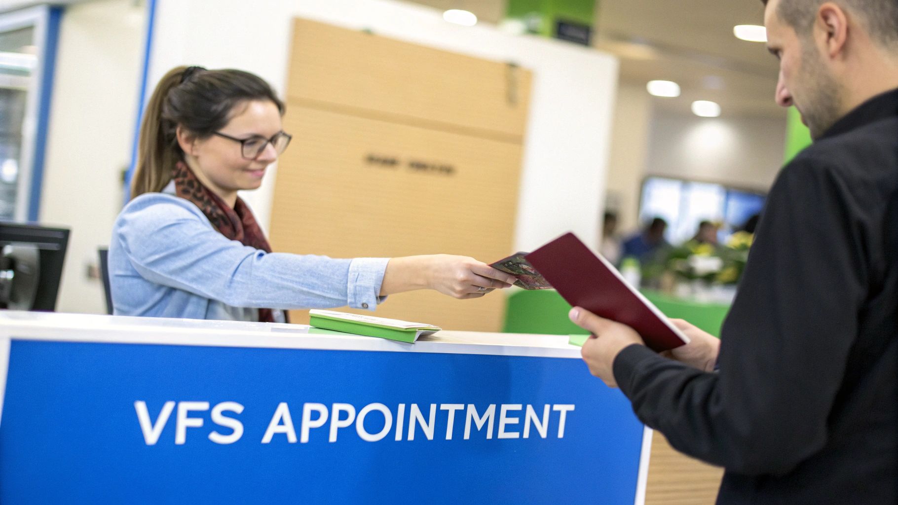 Woman at VFS appointment desk assisting male customer with passport and visa documents