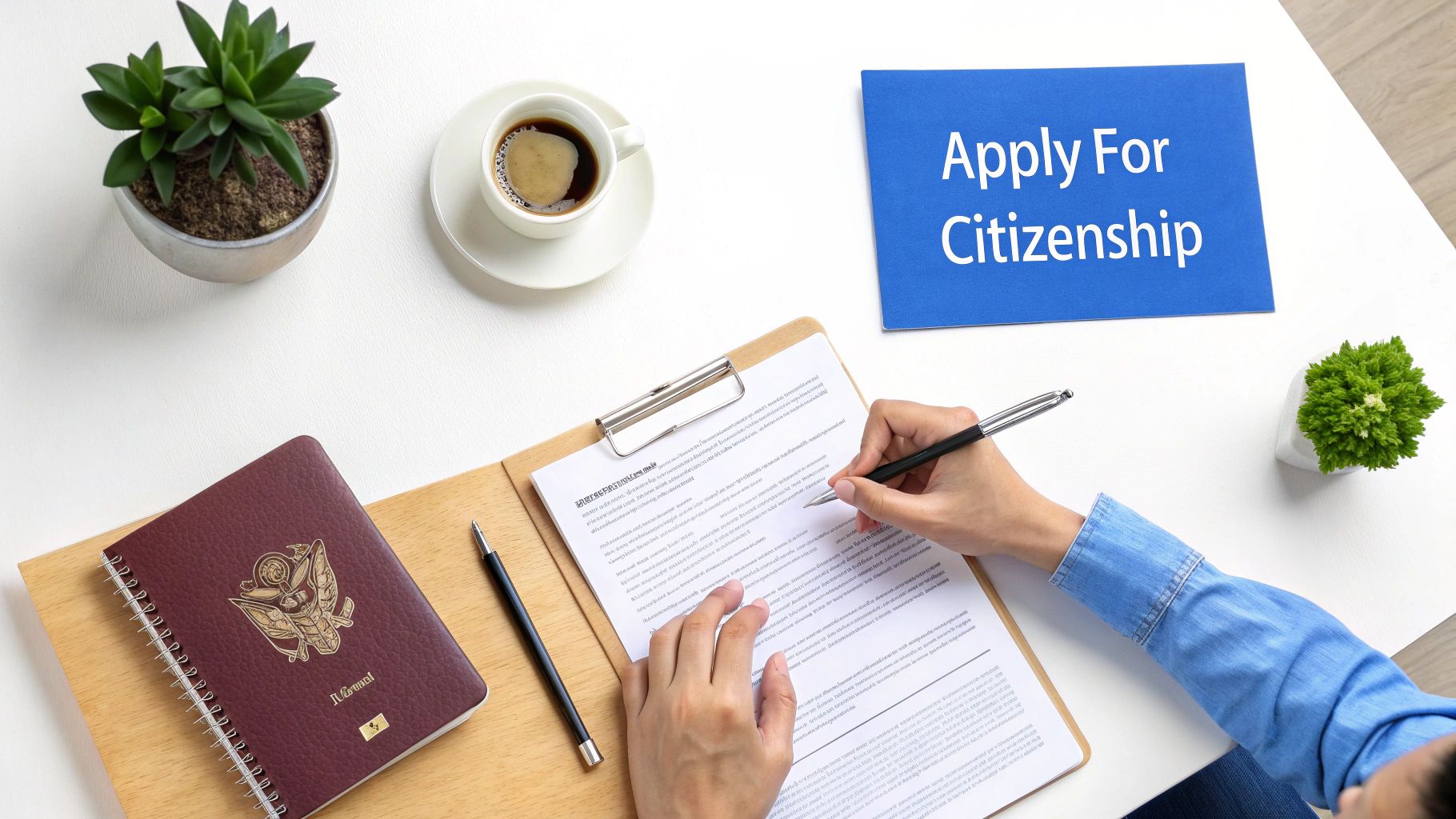 Overhead view of a person filling out a citizenship application form on a desk with a passport and coffee.