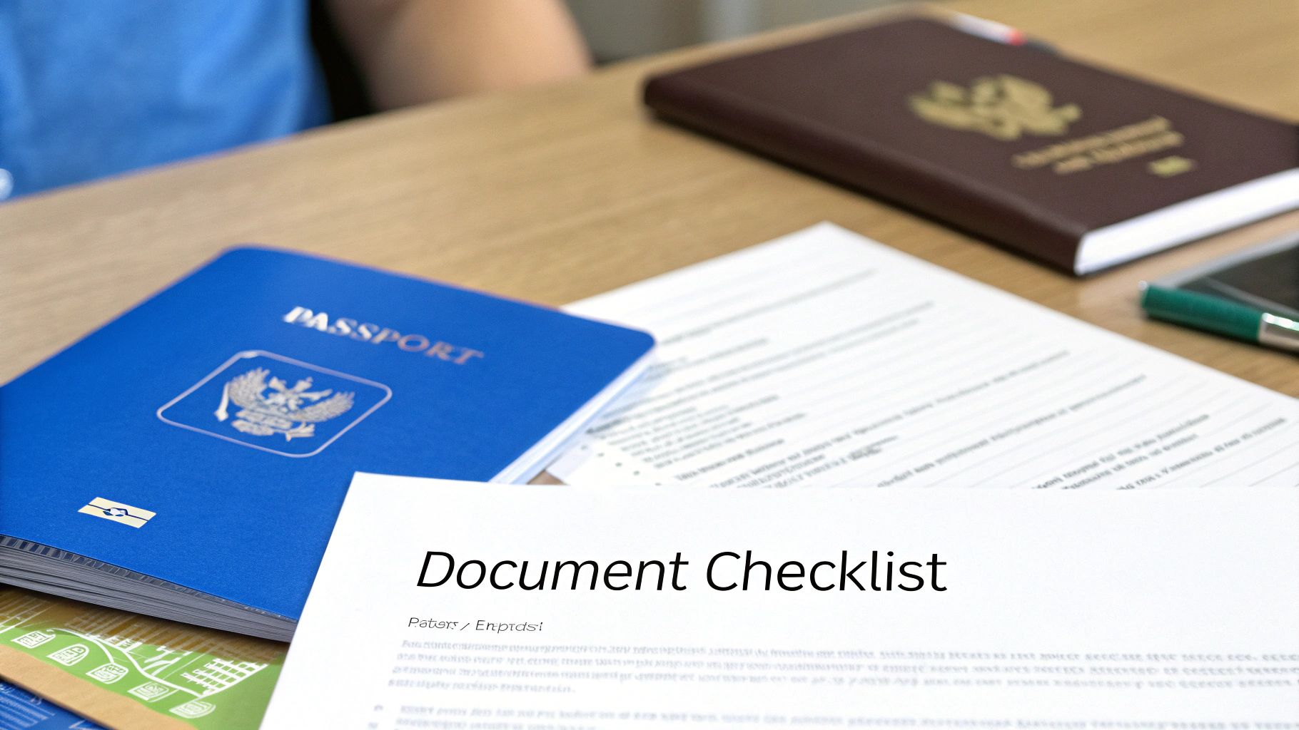 A blue passport and a document checklist are on a wooden desk, with another passport in the background.