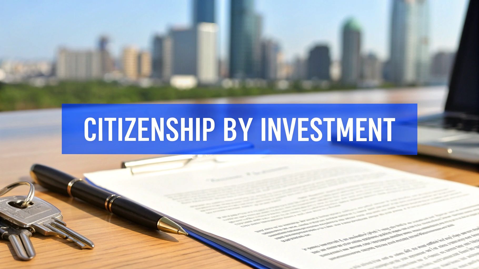 A blue banner displays 'CITIZENSHIP BY INVESTMENT' above a desk with keys, a pen, and legal documents against a blurred cityscape.