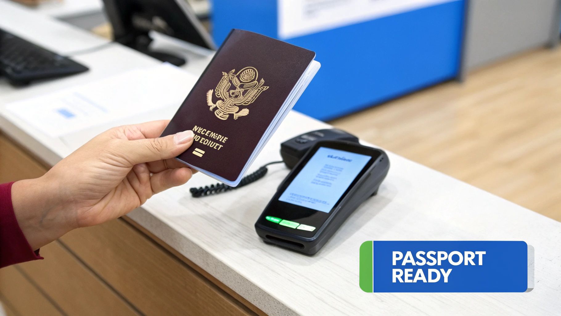 A person receiving their passport with a UK visa vignette.