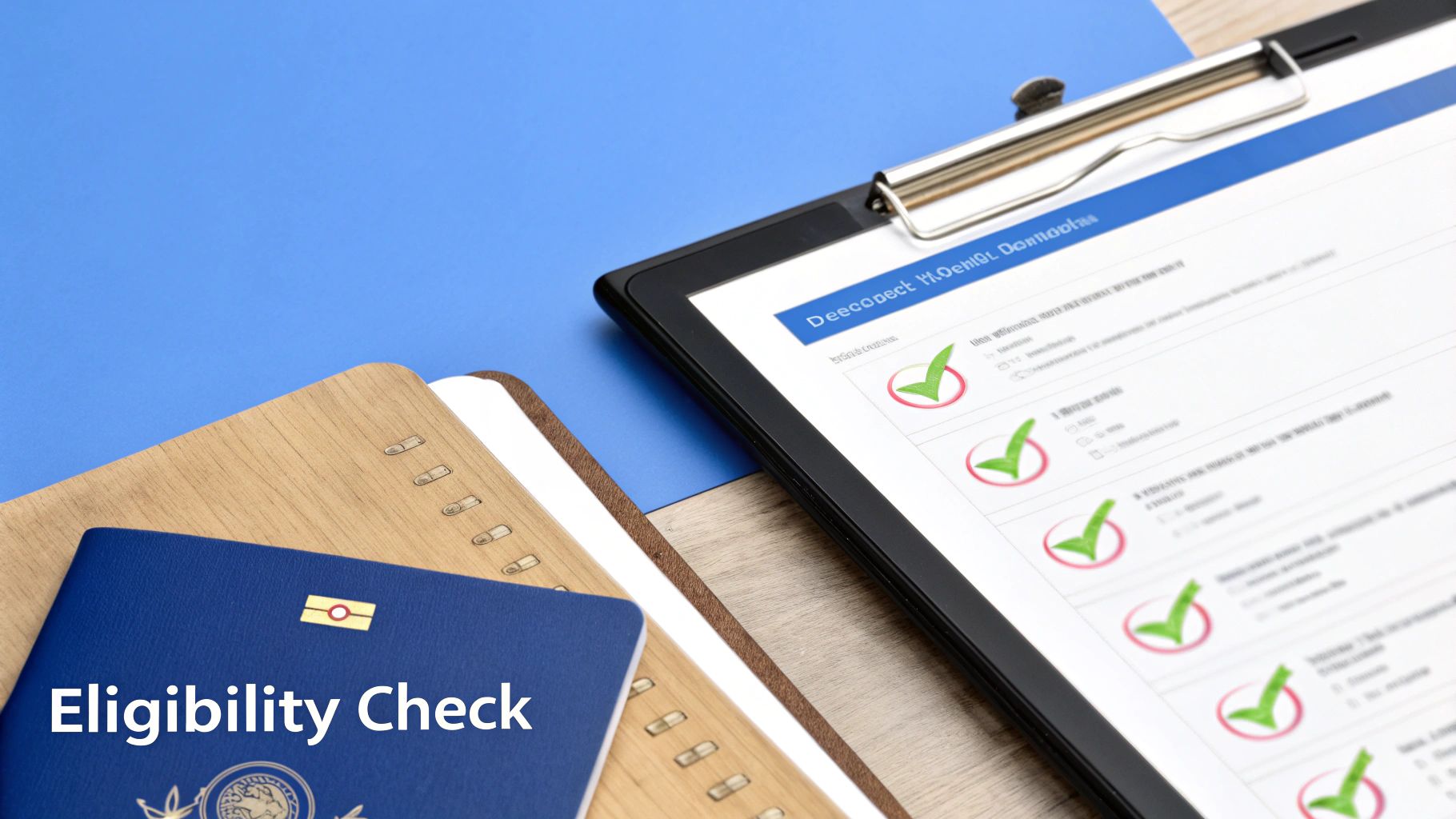 A blue passport, wooden notebook, and a digital checklist on a tablet for eligibility verification.