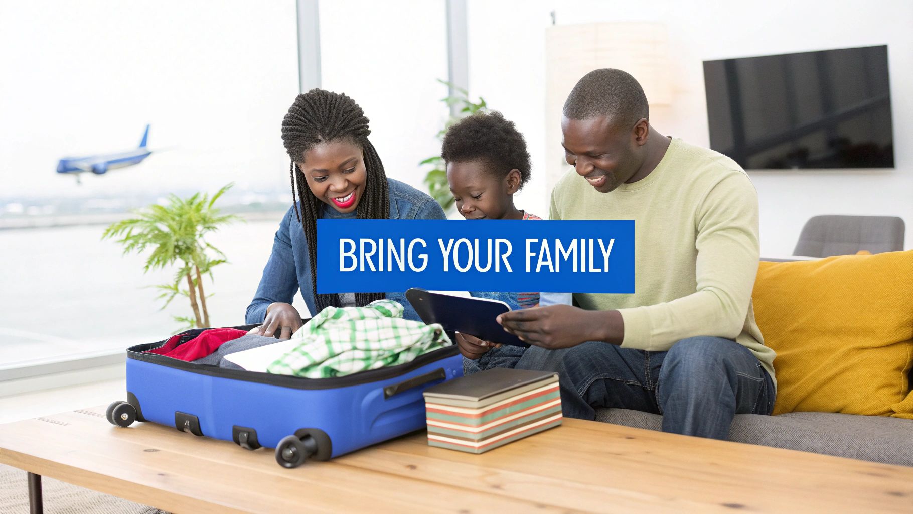 Family looking at a laptop, planning their move to the UK