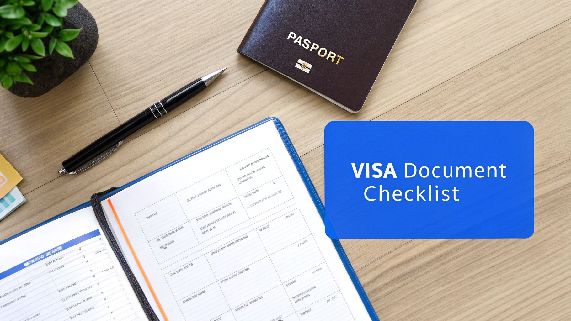 A person's hands organising travel documents and a passport on a wooden table.