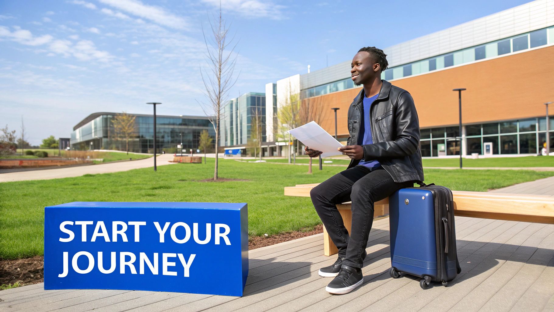 A smiling student sits on a bench on a modern campus with a suitcase and papers, next to a 'Start Your Journey' sign.