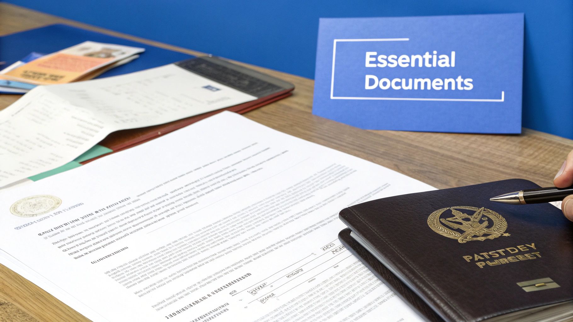 A close-up shot of organised documents, including a passport and certificates, laid out on a table.