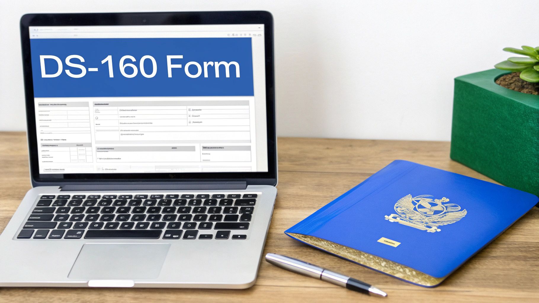 A person filling out an online form on a laptop, representing the DS-160 application.