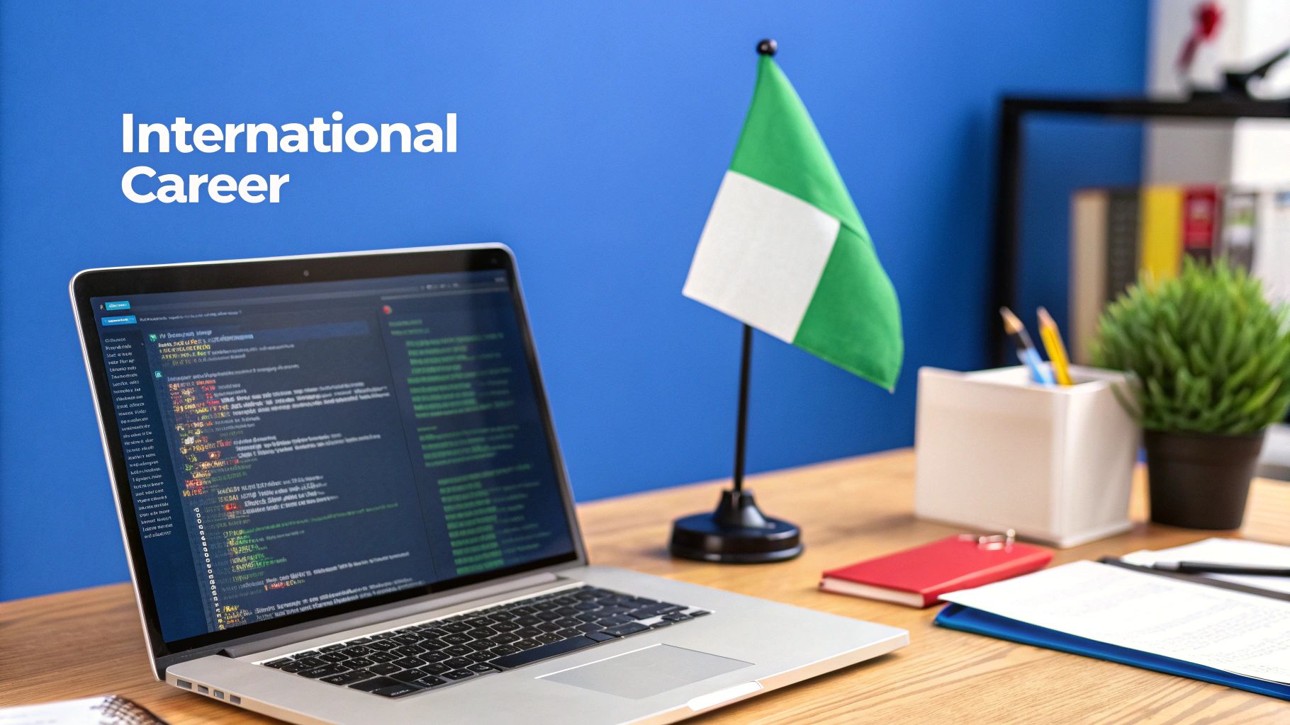 Nigerian professional looking at a globe, considering international career options