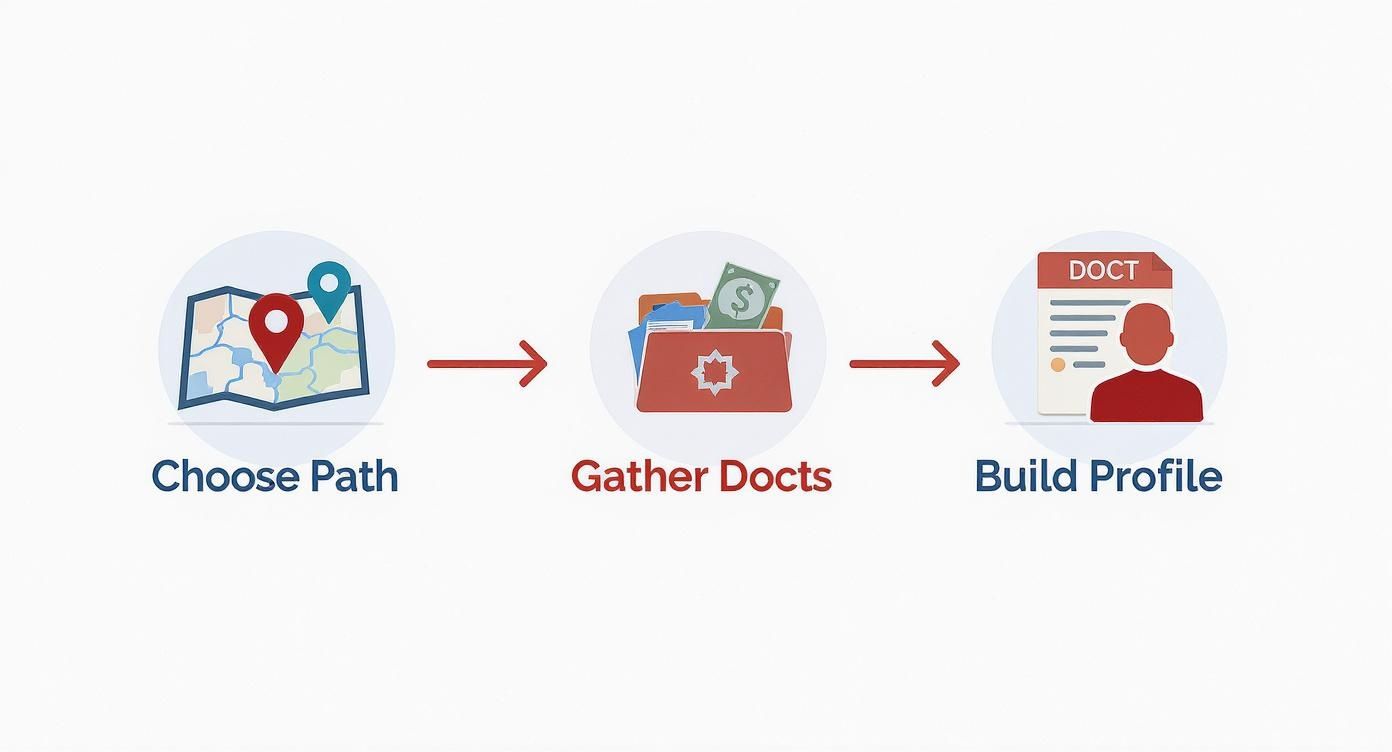 A three-step visual process for an application: choosing a path, gathering documents, and building a profile.