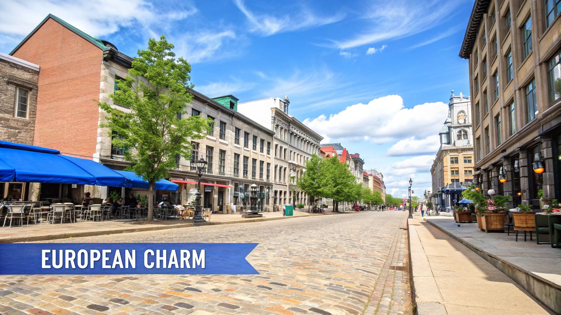 Charming European-style cobblestone street with historic buildings and outdoor cafes in Canadian city