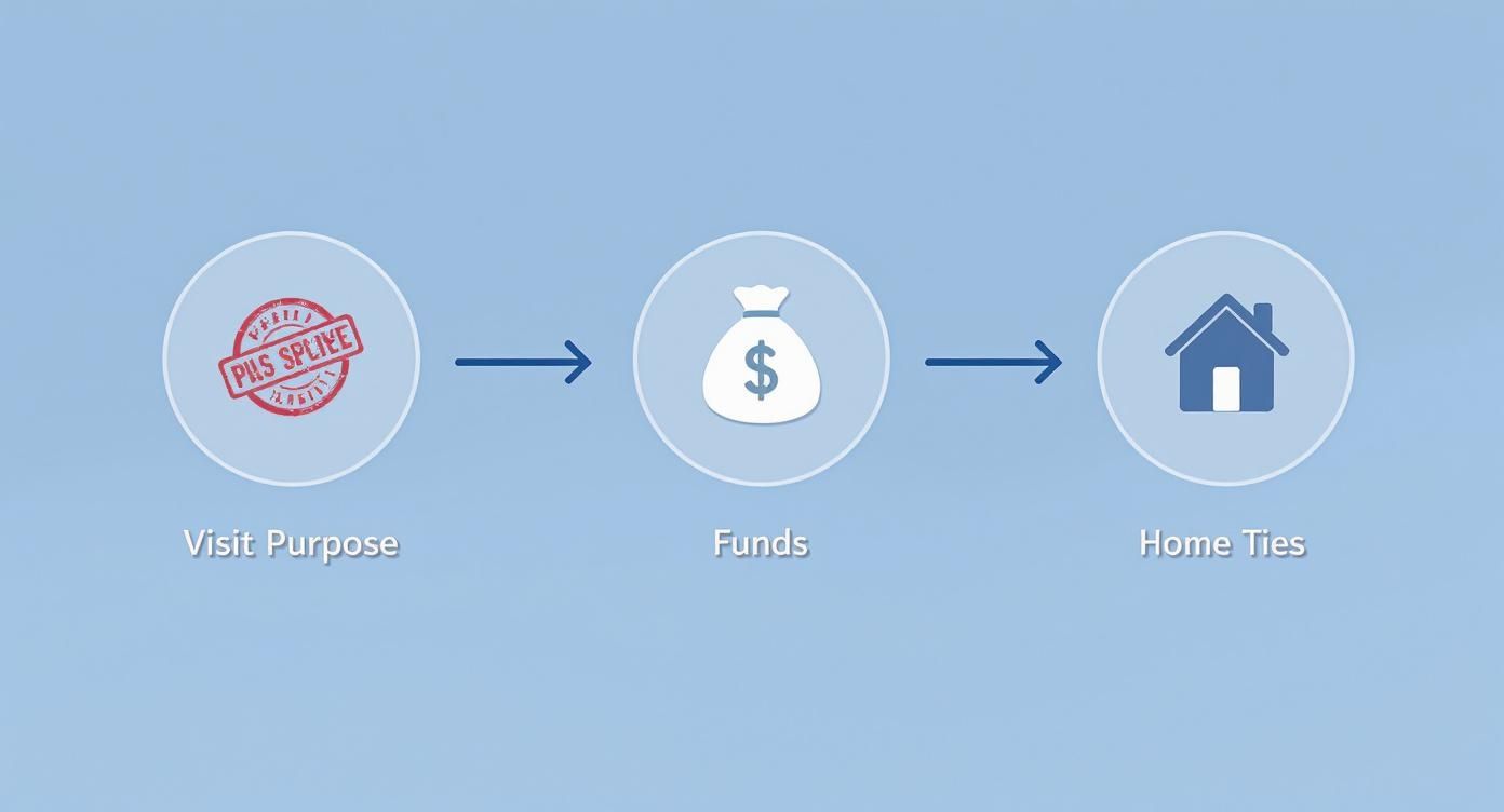 Diagram illustrating the steps for a UK visit visa application, covering visit purpose, funds, and home ties.