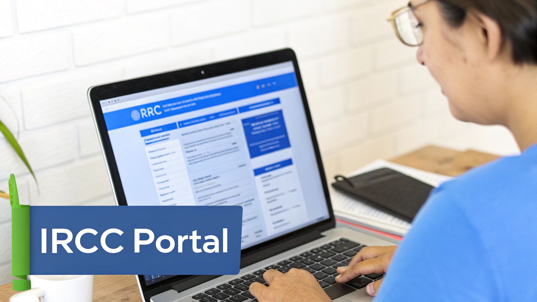 A person waiting and looking at their laptop, tracking their visa application status.