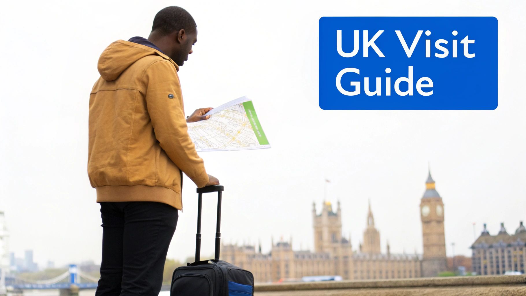 A man with a map and luggage overlooks London's Big Ben, promoting a UK visit guide.