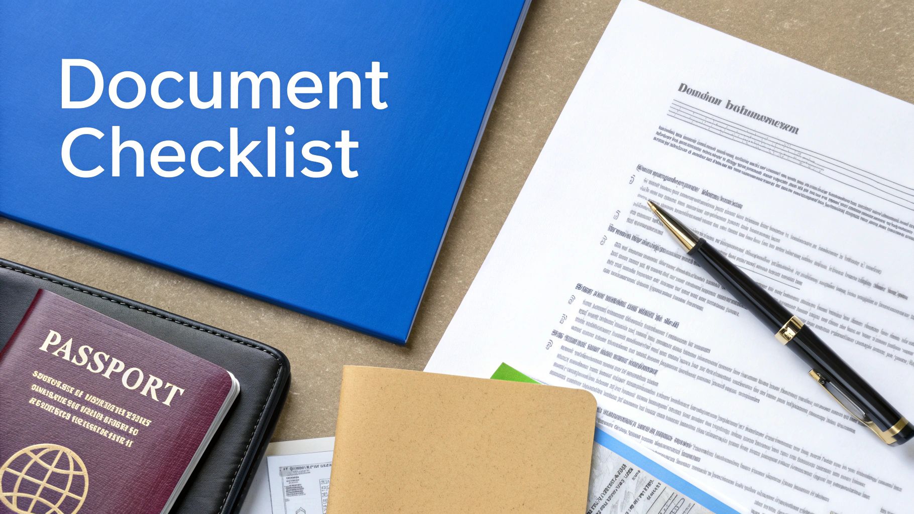 A person at a desk with a passport, laptop, and papers, planning their move to Canada.