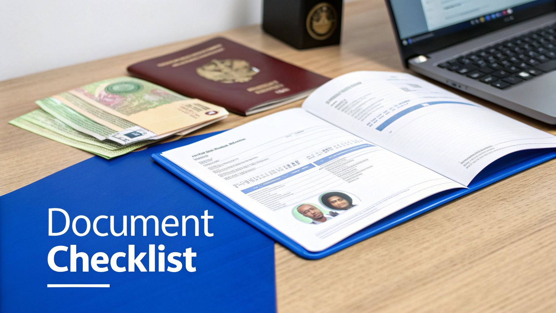 Desk setup with passport, currency, open document checklist, and laptop for application process.