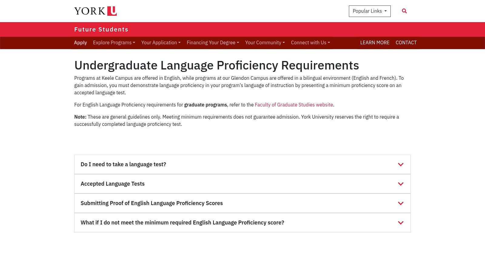 York University – English Language Proficiency Requirements and Exemption List