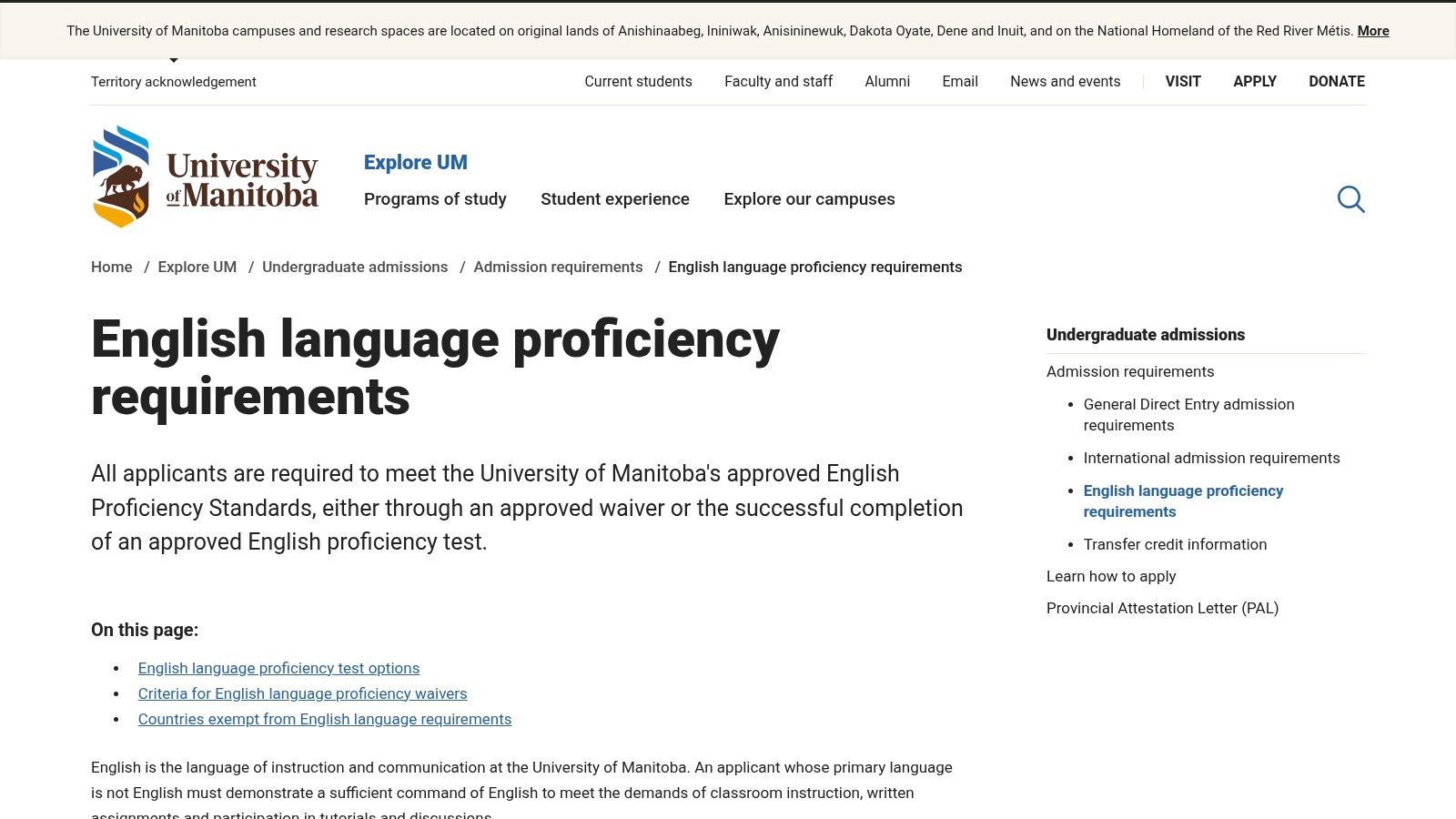 University of Manitoba – English Language Proficiency and IAEP Pathway