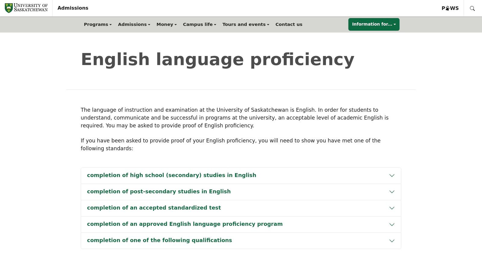 University of Saskatchewan – English Language Proficiency Options and Pathways