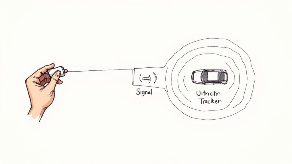 A person using an RF signal detector to scan a car for hidden devices.